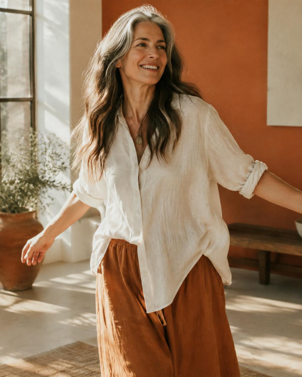 A woman moving freely and smiling in a sunlit studio